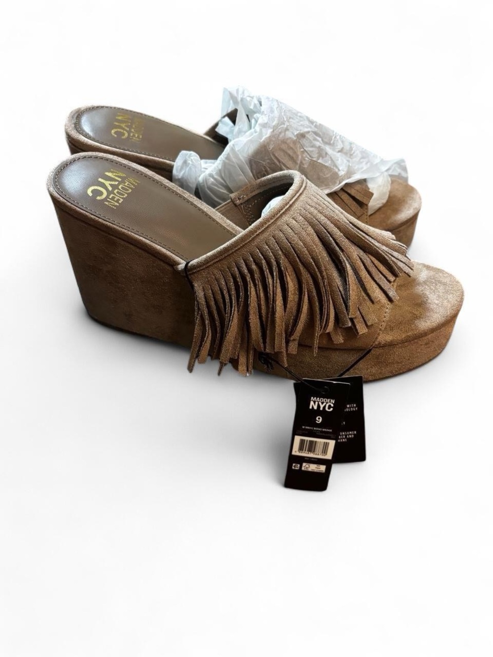 NWT Madden NYC Taupe Fringe Boho Wedges